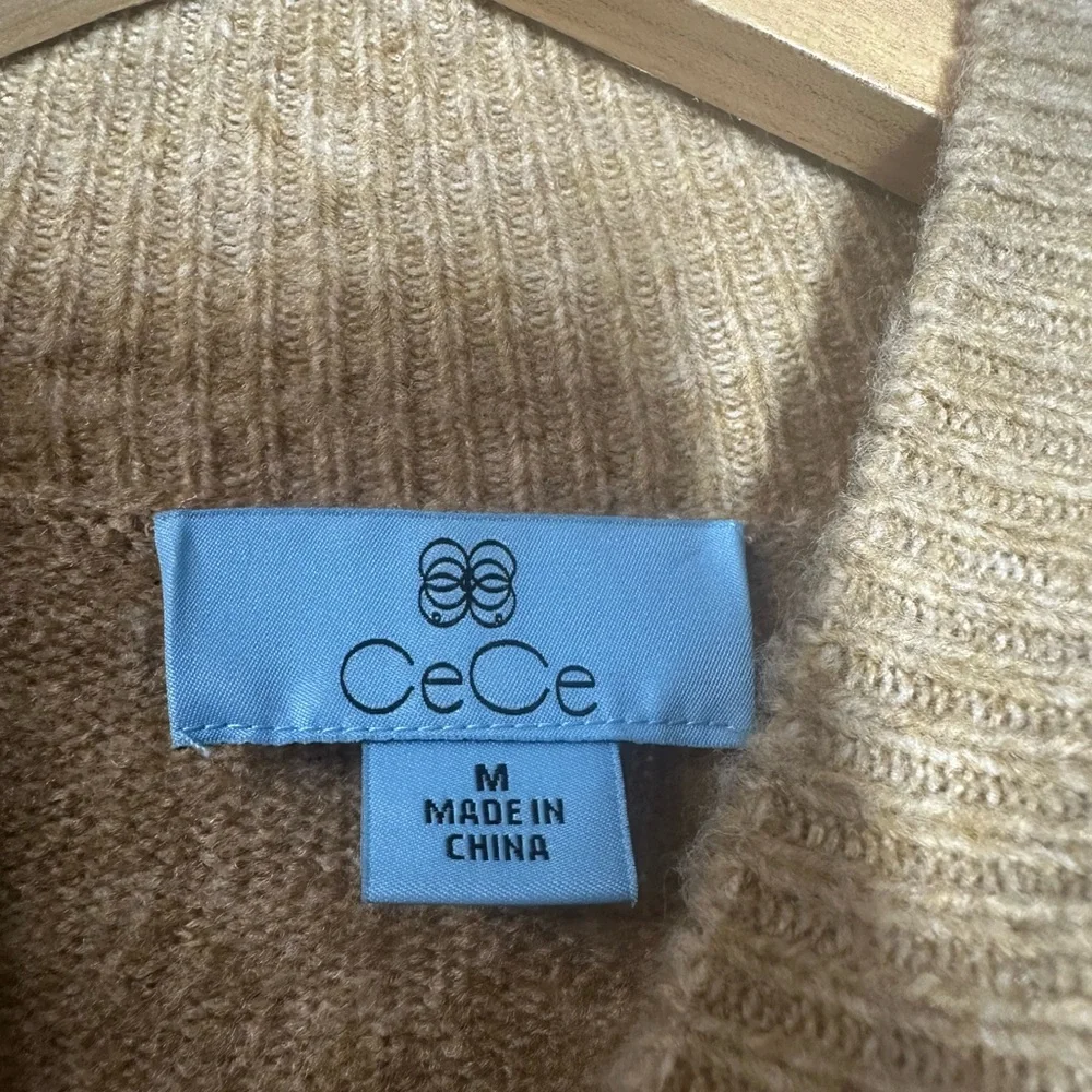 CeCe Tan Knit Sweater Floral Embroidery